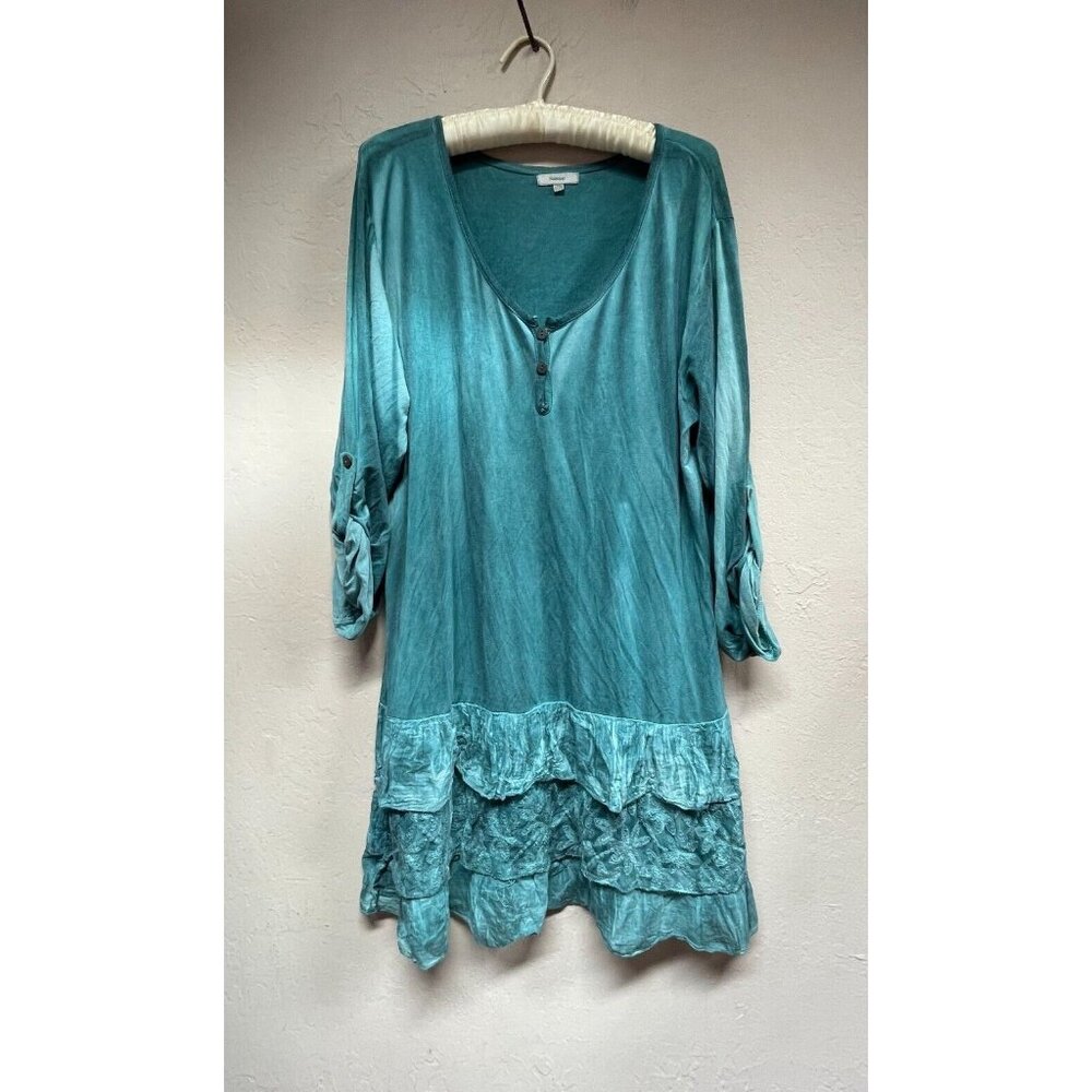 Namsar Womens V-Neck Roll-Tab Sleeve Ruffle Hem Dress One Size Green Stretch